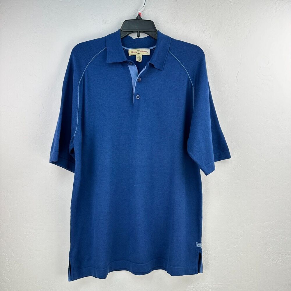 Vintage Tommy Bahama‎ Polo Shirt Mens Medium Blue Short Sleeve Side Slits Preppy